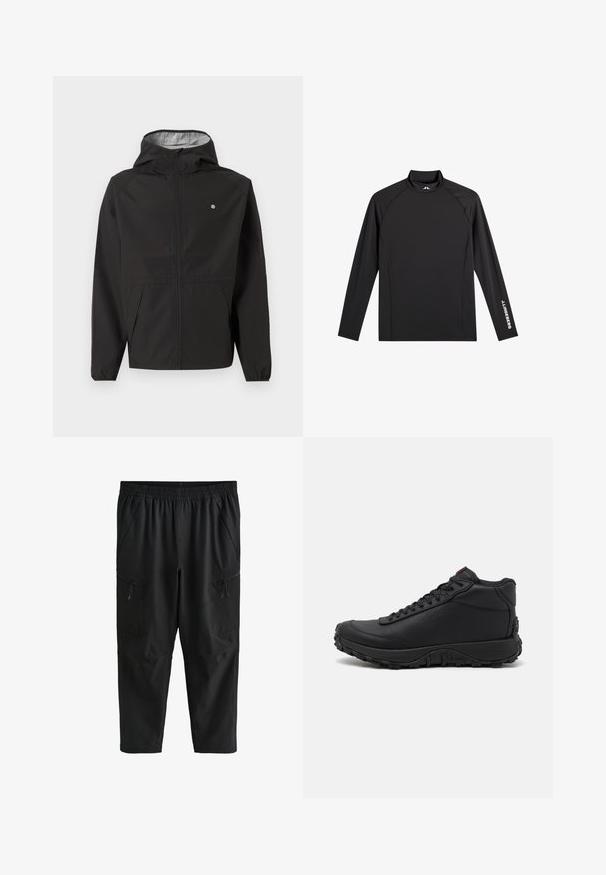 Schwarze leichte Kapuzenjacke mit Frontreißverschluss, elastischen Bündchen, Seitentaschen und kleinem weißen Logo auf der linken Brust.; Schwarzes Langarm-Sportoberteil mit Stehkragen, schlanker Passform und weißem "J.Lindeberg"-Logo am linken Ärmel und Kragen.; Schwarze Hosen mit elastischem Bund, seitlichen Reißverschlusstaschen und lockerer Passform, für Freizeit- oder Sportbekleidung konzipiert.; Schwarze High-Top-Sneaker aus strukturiertem Leder, mit einer dicken Gummisohle mit Profil und Schnürdesign. Roter Akzent auf der Zunge.