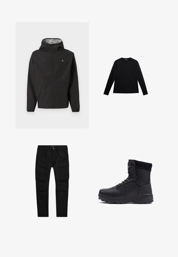 Schwarze leichte Kapuzenjacke mit Frontreißverschluss, elastischen Bündchen, Seitentaschen und kleinem weißen Logo auf der linken Brust.; Schwarzes Langarm-T-Shirt aus glattem Stoff, mit Rundhalsausschnitt und einem dezenten Logo auf der Vorderseite, in lockerer Passform.; Schwarze Cargohose mit mehreren Klappentaschen vorne und an den Seiten, Knopfverschluss und Gürtelschlaufen, flach auf weißem Hintergrund ausgelegt.; Schwarzer taktischer Stiefel mit einem glatten Lederoberteil und Stoffpaneelen, hoher Knöchelgestaltung, schnürbarem vorderen Teil und robustem Gummisohle.