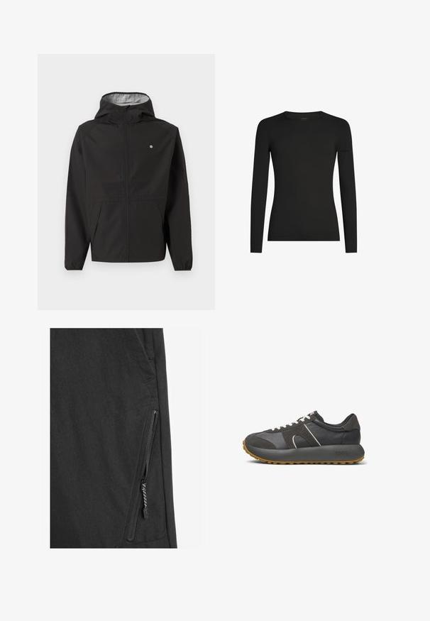 Schwarze leichte Kapuzenjacke mit Frontreißverschluss, elastischen Bündchen, Seitentaschen und kleinem weißen Logo auf der linken Brust.; Schwarzes, langärmeliges, figurbetontes T-Shirt mit Rundhalsausschnitt und dezentem Icebreaker-Logo auf dem linken Ärmel, dargestellt vor weißem Hintergrund.; Schwarzer Jackenstoff mit matter Oberfläche, ausgestattet mit einer seitlichen Reißverschlusstasche, feiner Nahtarbeit und einem eleganten modernen Design.; Grauer Sportschuh aus einer Mischung von Leder und Wildleder, mit einer dicken Gummisohle, weißen Schnürsenkeln und dezentem Branding auf der Ferse.