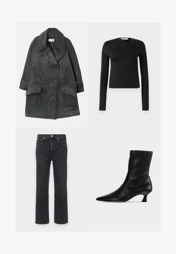 Mørkegrå dobbeltradet trenchcoat med brede slag, to store klaplommer, sidelommer og ærmedetaljer på en ensfarvet baggrund.; Sort langærmet top med en omslagsdesign, lavet af glat stof. Har en cropped længde og en V-formet udskæring. Ingen mønstre eller accenter.; Mørkegrå denimjeans med lige ben, forsynet med forlommer, enkelt knaplukning og synlige syningsdetaljer.; Sort læderstøvle til midt på læggen med spids tå og lav kittenhæl, vist fra siden på en ensartet lys baggrund.