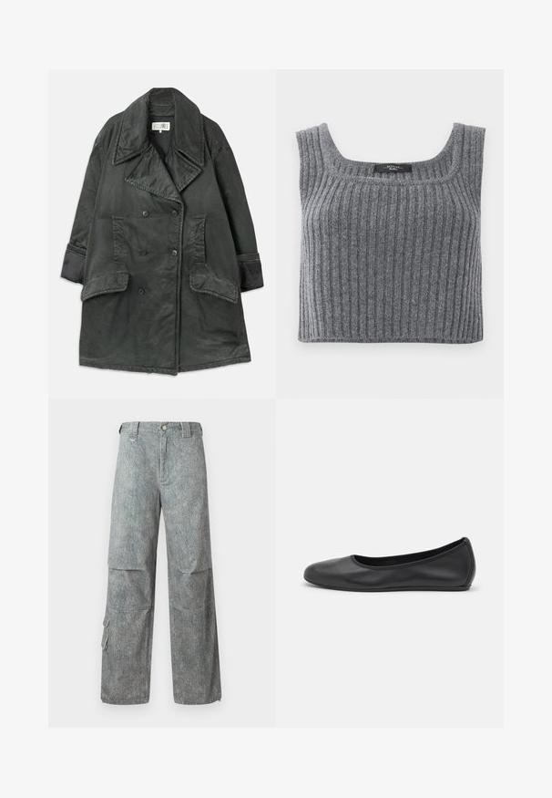 Mørkegrå dobbeltradet trenchcoat med brede slag, to store klaplommer, sidelommer og ærmedetaljer på en ensfarvet baggrund.; Weekend Max Mara ZURCA - Top - antracite; Lyseblå cargo-bukser lavet af tekstureret denim med løs pasform, der har store sidelommer og knaplukning i taljen.; Sort læderballetsko med rund tå, glat tekstur, minimal syning og et fleksibelt såldesign.