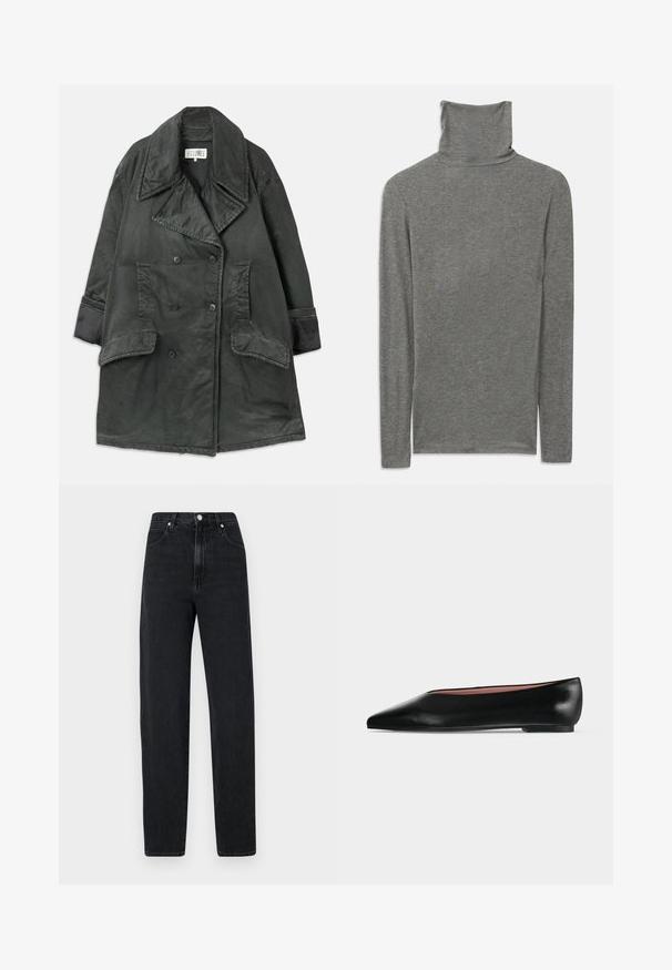 Gabardina de doble botonadura en gris oscuro con amplios solapas, dos grandes bolsillos de solapa, bolsillos laterales de ojal y detalles en los puños sobre un fondo liso.; Camisa de cuello alto de manga larga gris, confeccionada con una tela suave y texturizada. Presenta un diseño de cuello alto y una silueta ajustada.; Jeans negros de pierna recta hechos de denim. Cuentan con una cintura alta, cierre de botón metálico, cinco bolsillos y detalles de costura sutiles.; Zapato plano negro de cuero para mujer con punta puntiaguda y tacón bajo, mostrado de lado sobre un fondo liso gris claro.