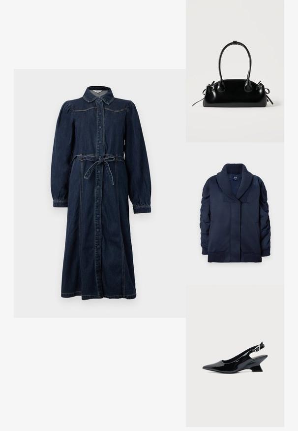 Veste bleu marine avec col châle à côtes, manchons froncés, poches avant, ainsi que des poignets et un ourlet à côtes, pliée à plat sur fond blanc.; Robe en denim bleu foncé avec un col, des boutons à l'avant, de longues manches bouffantes et une ceinture nouée à la taille. Comprend des détails de couture.; Chaussure slingback en cuir verni noir avec bout pointu et petit talon bloc incliné sur fond clair uni.; Petit sac à main noir brillant avec deux longues anses et des détails à cordon sur les côtés sur un fond clair uni.