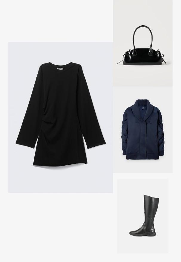Veste bleu marine avec col châle à côtes, manchons froncés, poches avant, ainsi que des poignets et un ourlet à côtes, pliée à plat sur fond blanc.; T-shirt noir à manches longues avec col rond, coupe décontractée et légère fronce sur un côté, présenté à plat sur fond gris clair.; Bottine noire en cuir jusqu'au genou avec une finition lisse, un bout arrondi et une semelle douce. Présente une silhouette moderne et des accents de couture minimalistes.; Petit sac à main noir brillant avec deux longues anses et des détails à cordon sur les côtés sur un fond clair uni.