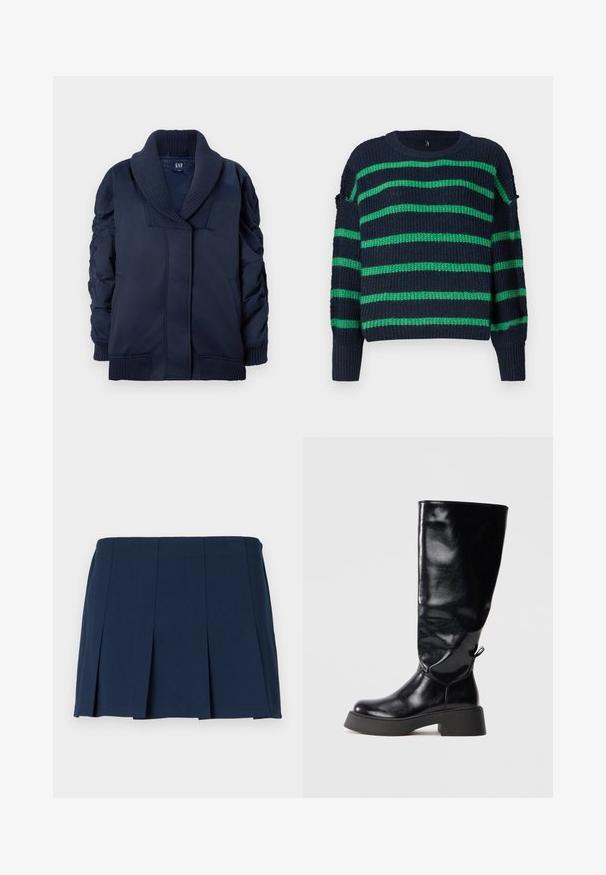 Veste bleu marine avec col châle à côtes, manchons froncés, poches avant, ainsi que des poignets et un ourlet à côtes, pliée à plat sur fond blanc.; Pull en tricot bleu marine avec des rayures horizontales vertes et des bords côtelés, doté d'un col rond et d'une coupe légèrement ample.; Jupe mini plissée bleu marine avec une taille droite, fabriquée à partir d'un tissu lisse. Présente des coutures verticales le long des plis.; Bottes en cuir noir jusqu'aux genoux avec une finition brillante, bout rond, talon épais et détail décoratif à l'arrière.
