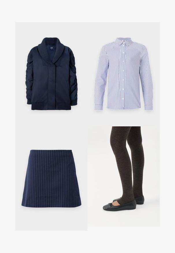 Veste bleu marine avec col châle à côtes, manchons froncés, poches avant, ainsi que des poignets et un ourlet à côtes, pliée à plat sur fond blanc.; Chemise bleu clair à manches longues avec des rayures verticales rouge foncé, boutonnée sur le devant et poignets rayés sur un fond uni.; Jupe bleu marine avec de fines rayures verticales blanches et une coupe droite au-dessus du genou, présentée sur un fond blanc uni.; Jambes portant des leggings côtelés foncés associés à des ballerines noires avec de petits détails en nœud sur fond blanc.
