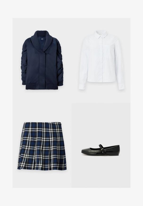 Navyblauwe jas met geribbelde sjalkraag, geraffineerde mouwen, voorzakken en geribbelde manchetten en onderrand, plat gevouwen op een witte achtergrond.; Lichtblauwe, lange mouwen overhemden met knoopsluiting, een kraag, verticale strepen en een borstzak. Gemaakt van zachte stof.; Geruite mini-jurk in marineblauw, zwart en wit. Beschikt over plooien en een gladde textuur. Ritsluiting aan de zijkant.; Zwarte leren balletschoenen met een ronde neus, een platte zool en een dunne verstelbare band over de wreef met een metalen gesp.