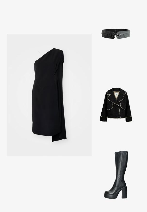 Veste noire en tissu texturé avec des finitions blanches. Elle possède un col à revers, deux poches avant et une coupe courte.; Robe asymétrique noire à une épaule, en tissu satiné, avec un design drapé et une fente sur le côté pour un détail supplémentaire.; Bottes noires en cuir, montantes jusqu'aux genoux, avec une texture lisse, une forme structurée et un talon bloc haut, avec un minimum d'accents en matériel.; Large ceinture en cuir noire avec des clous argentés et une fermeture centrale avec une boucle en métal sur fond blanc.