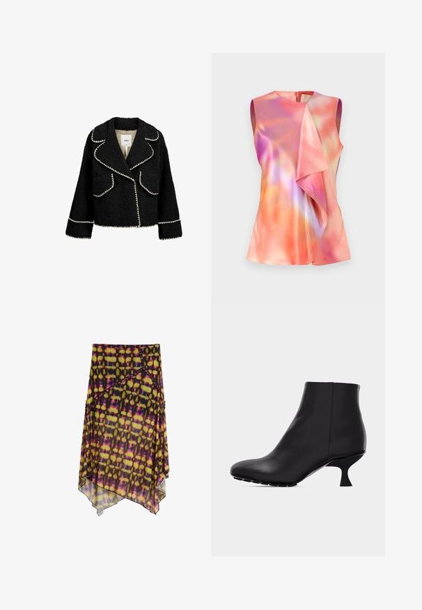 Veste noire en tissu texturé avec des finitions blanches. Elle possède un col à revers, deux poches avant et une coupe courte.; Débardeur en satin, orné d'un motif abstrait coloré dans des tons de rose, d'orange et de violet, avec un design drapé à l'avant.; Jupe asymétrique avec motif abstrait jaune, rose et noir et détail à volants diagonaux sur tissu léger.; Bottine en cuir noir avec bout pointu et talon moyen incurvé unique, présentée sur un fond gris clair uni.