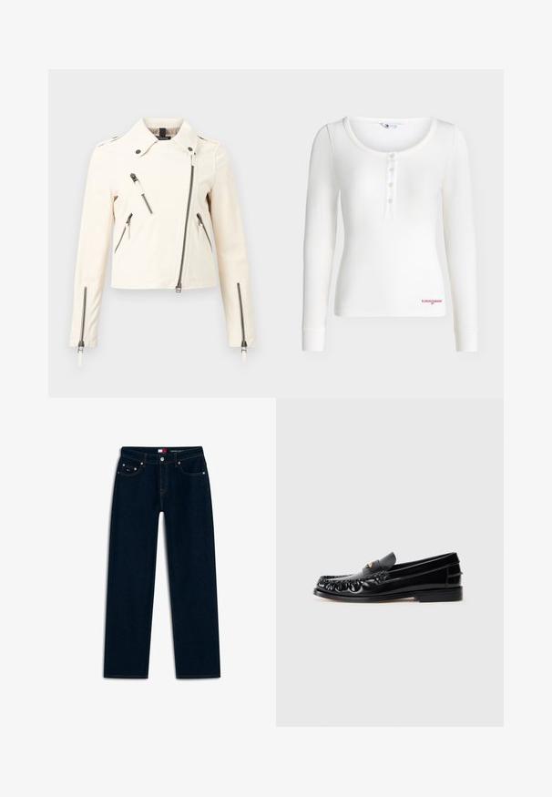 Veste asymétrique écru avec fermeture éclair, col, quatre poches éclair visibles et manches longues avec poignets zippés.; T-shirt henley blanc à manches longues côtelé avec quatre boutons et petit logo rouge "tommy jeans" près de l'ourlet inférieur.; Jean en denim bleu foncé coupe droite avec cinq poches et surpiqûres visibles, doté d'un petit logo sur la poche avant et d'une étiquette à la ceinture.; Mocassins en cuir noir avec un bout arrondi, des coutures décoratives et un petit accent doré sur le dessus. Semelle en caoutchouc plate, design épuré.