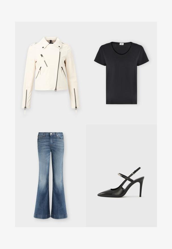 Veste asymétrique écru avec fermeture éclair, col, quatre poches éclair visibles et manches longues avec poignets zippés.; T-shirt noir uni à manches courtes avec col rond et petite étiquette de marque blanche à l'intérieur du col.; Jean en denim bleu taille haute, cinq poches, bouton à l'avant et jambes larges évasées.; Escarpins slingback en cuir noir avec bout pointu, design ajouré et bride ajustable ornée de ferrures métalliques.