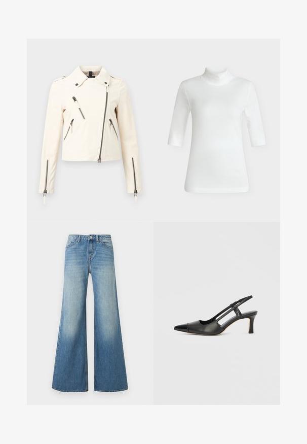 Veste asymétrique écru avec fermeture éclair, col, quatre poches éclair visibles et manches longues avec poignets zippés.; Haut blanc côtelé à manches mi-longues avec col roulé et coupe ajustée, présenté sur un fond gris neutre.; Jean en denim bleu à taille haute et jambes larges, avec poches avant, passants de ceinture, bouton et fermeture éclair.; Chaussure à bride arrière en cuir noir avec bout pointu, dotée d'un accent brillant sur le bout et d'un talon de hauteur moyenne. Design latéral ouvert.