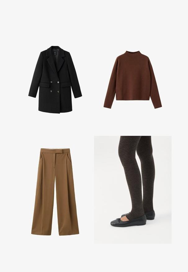Manteau noir en mélange de laine avec un devant croisé, un col cranté, deux poches latérales et des boutons métalliques. Maintient une silhouette structurée.; Pull en laine marron à manches longues avec un col montant. Fabriqué en tissu doux et texturé. Présente une coupe décontractée et ample avec un design minimaliste.; Pantalon marron à jambes larges en tissu lisse, doté de poches latérales, d'un devant plat et d'une ceinture ajustée.; Jambes portant des leggings côtelés foncés associés à des ballerines noires avec de petits détails en nœud sur fond blanc.