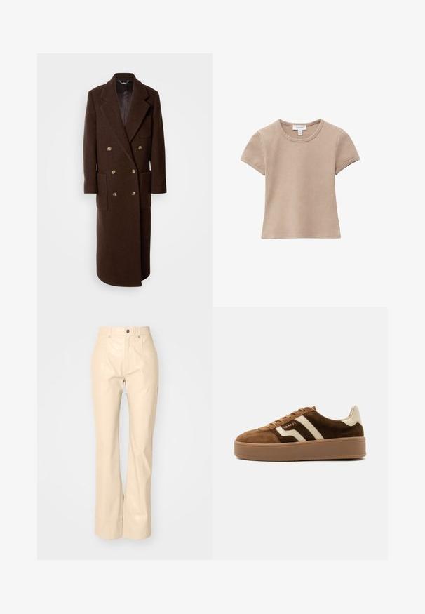 Brauner Wollmantel mit doppelt geknöpftem Design, großen Revers, vier Fronttaschen und goldfarbenen Knöpfen. Lange Länge mit glattem Innenfutter.; Beige kurzärmliges Baumwoll-T-Shirt mit Rundhalsausschnitt, sichtbaren Nähten und einem Stoffetikett am Halsausschnitt, flach auf weißem Hintergrund gelegt.; Beige Fake-Leder Schlaghosen mit glatter Textur, ausgestattet mit Vordertaschen, einem Knopfverschluss und einem dezenten, glänzenden Finish.; Brauner Wildleder-Sneaker mit beigen Streifen, beiger Fersenlasche, dicker Gummisohle und Schnürverschluss, Seitenansicht auf einfachem Hintergrund.