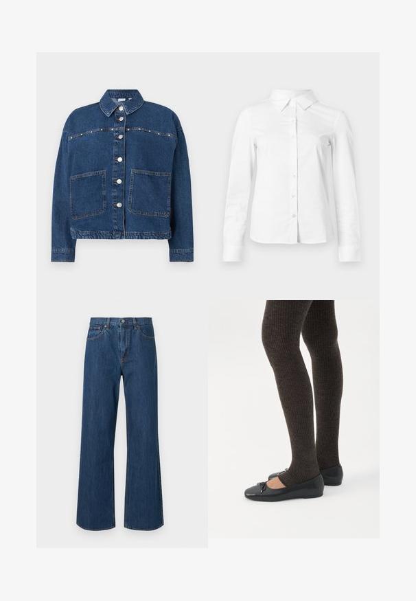 Mørkeblå denimjakke med knaplukning, to forlommer, en spids krave og synlige sømme langs sømmene.; Hvid skjorte med lange ærmer, knapper, spids krave, lige kant og tætsiddende silhuet, vist på en ensartet lys baggrund.; Bredde denimjeans i mellemblå, med høj talje, frontlommer og subtile stikninger. Glat tekstur med afrundede bundkanter.; Ben iført mørke ribbede leggings kombineret med sorte balletsko med små sløjfedetaljer på hvid baggrund.