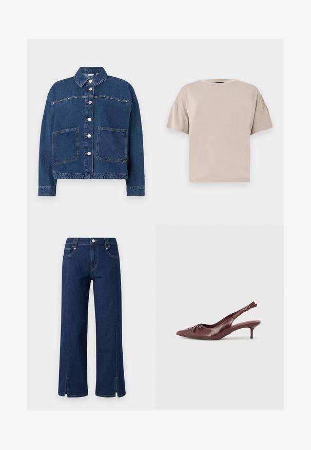 Mørkeblå denimjakke med knaplukning, to forlommer, en spids krave og synlige sømme langs sømmene.; Beige kortærmet oversize bomuld T-shirt med rund hals og lige kant på en ensartet lys baggrund.; Mørkeblå denim wide-leg jeans med høj talje, der har sidelommer, frontlukning med knap og slidser i kanten for ekstra detaljer.; Bordeaux læder slingback hæl med spidse tå, justerbar rem og dekorativ sløjfedetalje foran. 7,5 cm hælhøjde.