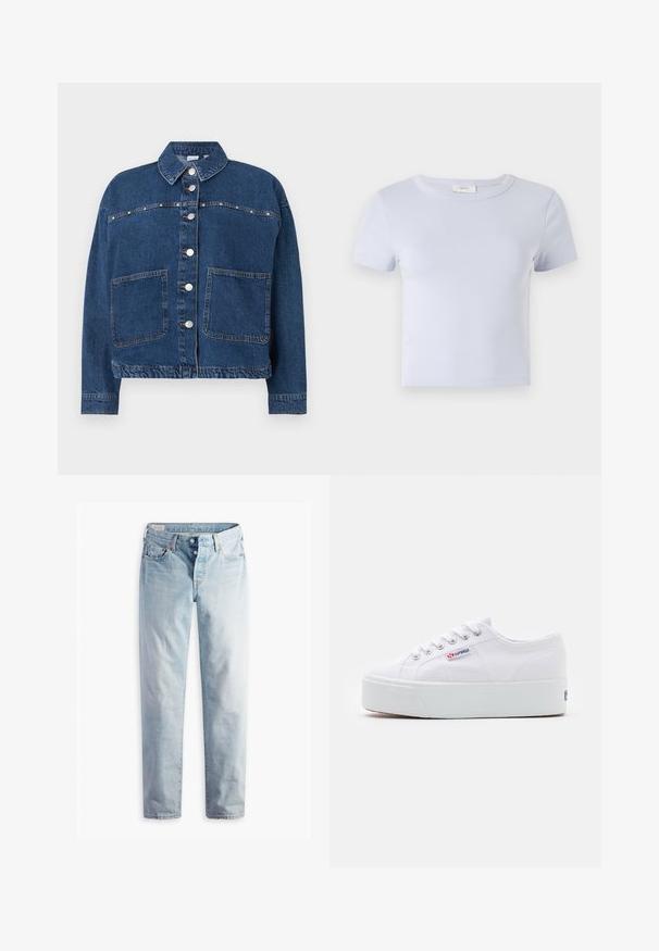 Mørkeblå denimjakke med knaplukning, to forlommer, en spids krave og synlige sømme langs sømmene.; Lyseblå kortærmet t-shirt med rund hals, lavet af blødt stof; har en tætsiddende pasform og diskrete syninger.; Lyseblå denimjeans med lige ben, fem lommer og metal-knapper i en standard livvidde.; Hvide canvas sneakers med en tyk hvid platformssål, rund tå og metaløjelets til snørebånd. Mærkets logo præsenteret på siden.
