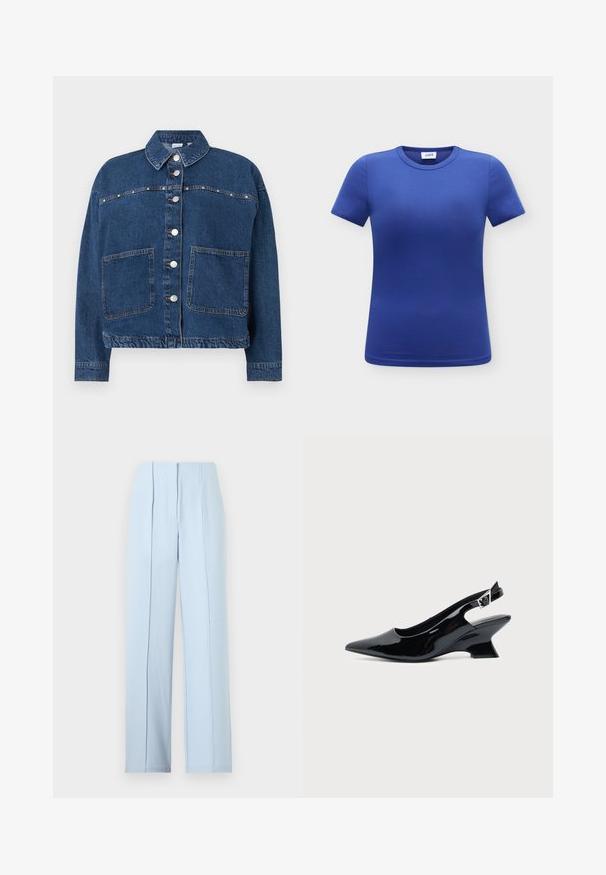 Mørkeblå denimjakke med knaplukning, to forlommer, en spids krave og synlige sømme langs sømmene.; Enkelt blå kortærmet t-shirt med rund hals vist forfra på en hvid baggrund med et synligt mærke inde i kraven.; Lyseblå vidde bukser med høj talje, frontplisseringer og skjult lynlåslukning på ensfarvet baggrund.; Sort laklæder slingback sko med spids tå og lav vinklet blokhæl på ensartet lys baggrund.