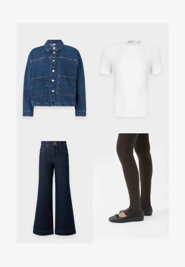 Mørkeblå denimjakke med knaplukning, to forlommer, en spids krave og synlige sømme langs sømmene.; Hvid ribstrikket T-shirt med korte ærmer, rund hals og tætsiddende pasform samt en lille mærkeetiket inde i kraven.; Mørkeblå denim jeans med bred flare, høj talje, forlommer og kontrastfarvet guldtråd. Har dobbelt knaplukning.; Ben iført mørke ribbede leggings kombineret med sorte balletsko med små sløjfedetaljer på hvid baggrund.