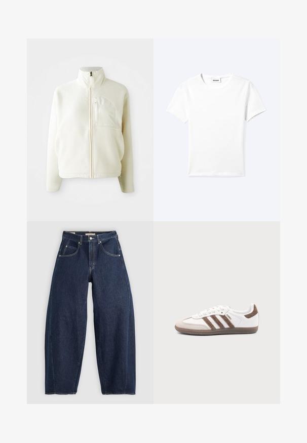Wit fleece jack met hoge kraag, volledige ritssluiting en een borstzak. Zachte textuur en casual ontwerp.; Effen wit T-shirt met korte mouwen en ronde hals met een klein "WEEKDAY" label aan de binnenkant van de hals, plat neergelegd op een lichte achtergrond.; Donkerblauwe denim jeans met een losse fit, lichte stiksels, vijf zakken en een knoopsluiting op de taille.; Witte Adidas Samba sneaker met bruine suède strepen, bruine rubberen zool en beige suède neuskap, getoond vanaf de buitenkant op een effen achtergrond.