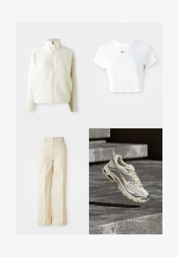 Valkoinen fleece-takki, jossa on korkea kaulus, pitkä vetoketju ja rintatasku. Pehmeä rakenne ja rento muotoilu.; Valkoinen lyhythihainen puuvillapaita, jossa on pyöreä kaula-aukko ja musta Nike-logo rinnassa.; Beige leveletraktori z visoko pasom, izdelani iz gladkega materiala z urejenimi gubanji na sprednji strani, postavljeni na enobarvni beli ozadju.; Beige ja hopeanvärinen Nike-juoksukenkä, jossa on verkko- ja nauhakiinnitys, leijuu betonisten portaitten yläpuolella.
