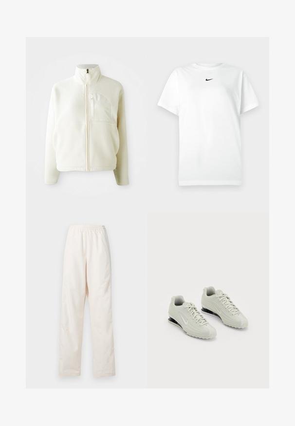 Hvid fleecejakke med høj krave, fuld lynlås og en brystlomme. Blød tekstur og afslappet design.; Hvid kortærmet T-shirt med rund hals, prydet med et lille sort Nike swoosh-logo centreret under halsudskæringen.; Løse, cremefarvede bukser med elastisk talje og lige ben, vist mod en ensfarvet hvid baggrund.; Hvide Nike sneakers med en tekstureret overdel, der har en glat tæer og sorte polstringselementer. Snørebåndsstil med forstærket hæl.