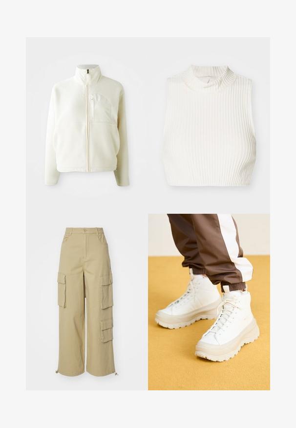 Hvid fleecejakke med høj krave, fuld lynlås og en brystlomme. Blød tekstur og afslappet design.; Hvid ribbet ærmeløs cropped top med høj hals og subtil knapdetalje ved kraven, lavet af et glat, strækbart stof.; Beige cargo bukser med brede ben, to store sidelommer, lommer foran og snoretræk detalje ved kanten. Fabrik af bomuldsblanding.; Hvide højtop sneakers med en kraftig, tekstureret sål, der har en glat overdel, rund tå og tonede snørebånd, placeret mod en gul baggrund.