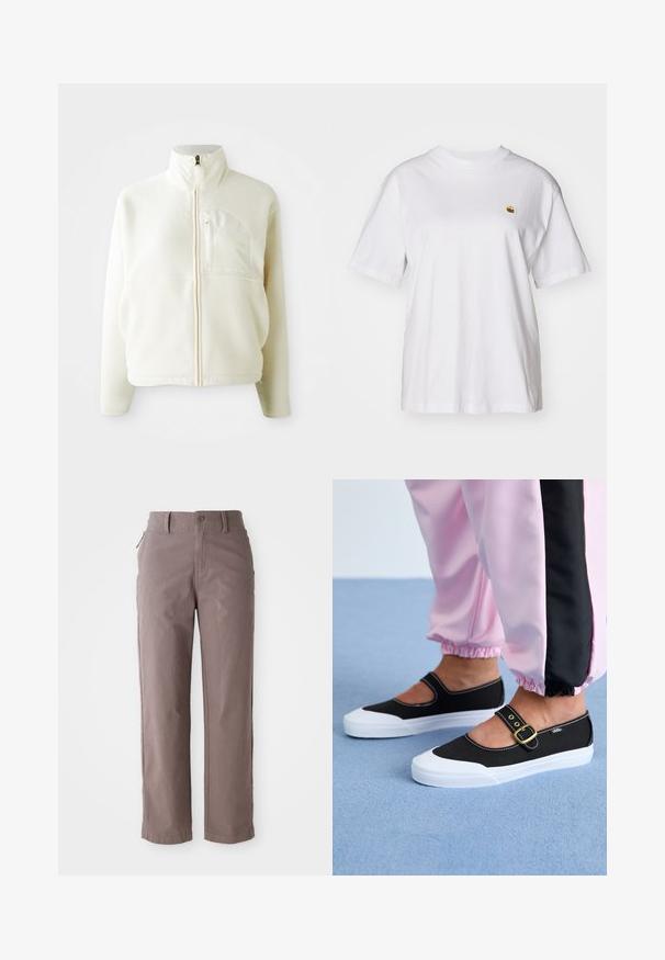 Chaqueta de forro polar blanca con un alto cuello, cierre de cremallera completa y un bolsillo en el pecho. Textura suave y diseño casual.; Camisa de algodón blanca con corte relajado, mangas cortas y un pequeño logotipo bordado en el área del pecho izquierdo.; Pantalones de algodón de sarga marrón con corte recto, con cierre de botón frontal y bolsillos laterales, textura suave y líneas limpias.; Zapatillas de lona negras con suela blanca, con un diseño recortado y una correa con hebilla dorada. Combinadas con pantalones de chándal rosas.