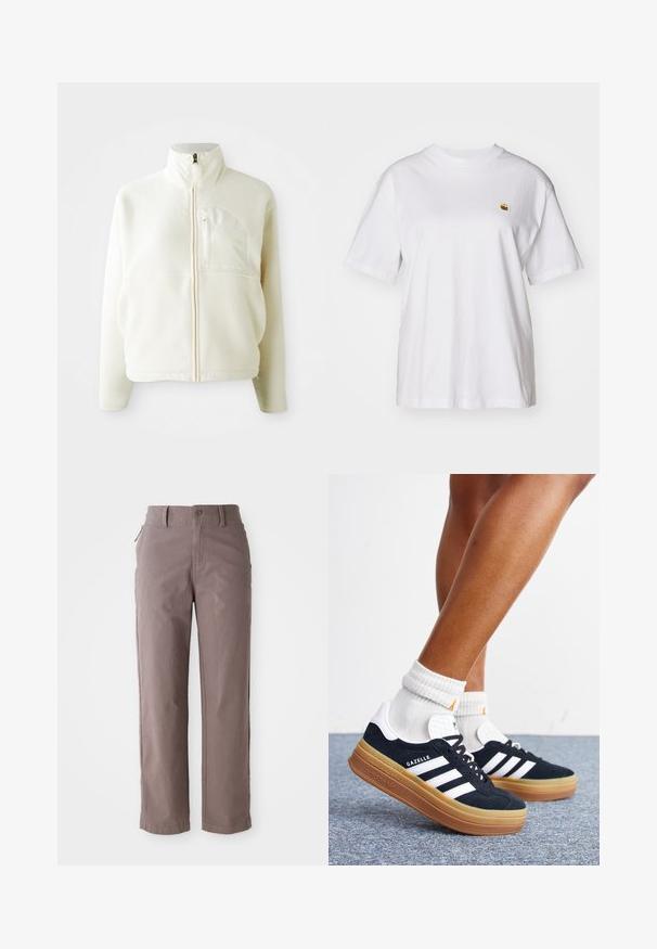 Wit fleece jack met hoge kraag, volledige ritssluiting en een borstzak. Zachte textuur en casual ontwerp.; Witte katoenen t-shirt met een relaxte pasvorm, korte mouwen en een klein geborduurd logo op de linkerborst.; Bruine katoenen twill broek met een rechte pijp, voorzien van een knoopsluiting aan de voorkant en zijzakken, met een gladde textuur en strakke lijnen.; Ben met witte sokken en zwarte Adidas Gazelle sneakers met witte strepen en dikke bruine zolen op een grijs tapijt.