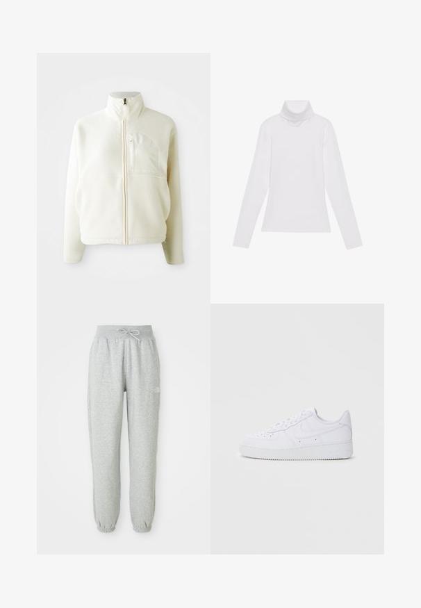 Hvid fleecejakke med høj krave, fuld lynlås og en brystlomme. Blød tekstur og afslappet design.; Hvid langærmet turtle-neck top lavet af glat, strækbart stof. Har en høj krave og tætsiddende design, uden synlige mønstre eller udsmykninger.; Grå sweatpants med elastisk talje og snøre. Stoffet er blødt, og de har elastiske manchetter ved anklerne samt et logoaccent.; Hvide Nike Air Force 1 sneakers med læderoverdel, rund tå, snørelukning, polstret krave og struktureret gummisål.