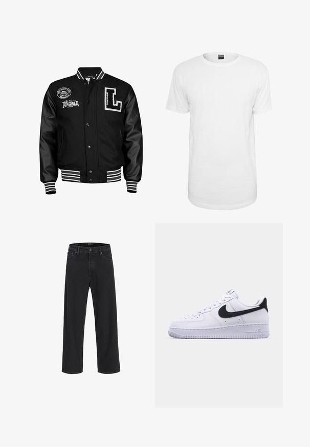 Sort varsityjakke med læderærmer, hvid broderi, stribede ribbede manchetter og talje, medlogo patches foran.; Hvid kortærmet t-shirt lavet af bomuld, med en klassisk rund halsudskæring, en afslappet pasform og uden synlige mønstre eller logoer.; Sorte denim jeans med lige ben, knap- og lynlåslukning, bæltestropper samt for- og baglommer.; Hvide lædersneakers med en struktureret sort Swoosh, flade snørebånd og en gummisål med et rillemønster. "AIR" er præget på hælen.