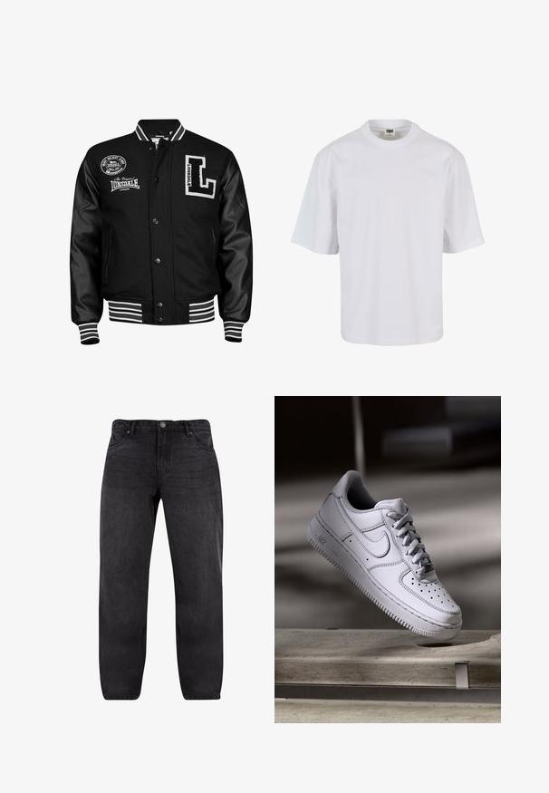 Sort varsityjakke med læderærmer, hvid broderi, stribede ribbede manchetter og talje, medlogo patches foran.; Hvid, kortærmet t-shirt lavet af bomuld. Har rund halsudskæring og løs pasform med en glat tekstur og ingen synlige mønstre eller grafik.; Mørkeblå denimjeans med lige pasform, der har fem lommer, knaplukning og diskrete slidte områder. Materialet har en glat tekstur.; Hvid læder Nike Air Force 1 sneaker med perforeret tå, flade snørebånd og tekstureret gummisål med "AIR" branding på siden.