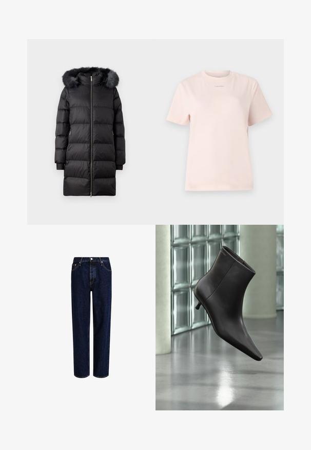 Doudoune noire avec capuche en fausse fourrure, dotée d'une fermeture éclair, design matelassé et poches latérales. Manches longues avec poignets côtelés.; T-shirt en coton rose clair avec un col rond, des manches courtes et un petit logo "Calvin Klein" imprimé dans une couleur assortie sur la poitrine.; Jeans en denim bleu foncé avec une coupe droite, dotés d'une taille haute, d'un style à cinq poches et de coutures contrastantes. Sans embellissements.; Bottine en cuir noir avec bout pointu et petit talon, présentée devant un mur en blocs de verre et un sol poli.