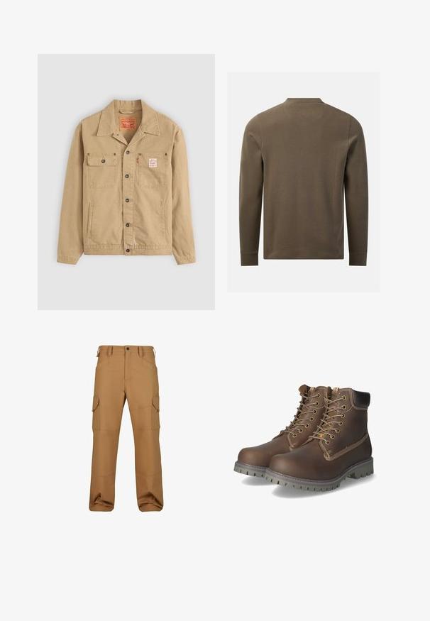 Levi's® Workwear SUNRISE TRUCKER - Let jakke / Sommerjakker - tiger's eye; Langærmet, olivengrøn tekstureret skjorte vist bagfra med rund halsudskæring og ensfarvede manchetter på hvid baggrund.; Brune cargo bukser lavet af slidstærkt stof, med flere lommer, en afslappet pasform og forstærkede syninger.; Brune læder ankelstøvler med snørebånd, polstret krave, kontrasterende syninger og slidstærk gummisål med skridsikre mønstre.