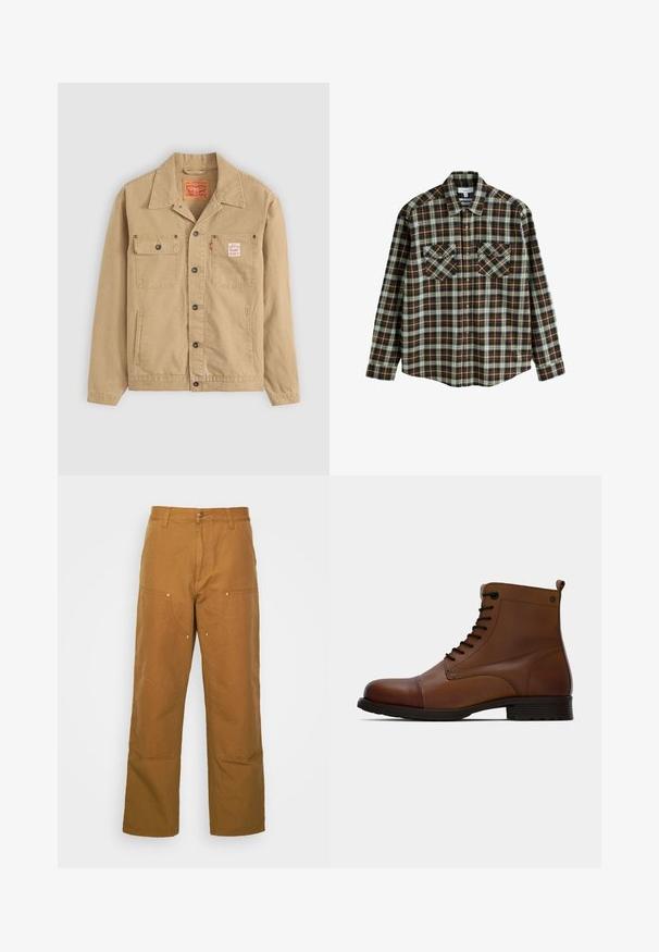 Levi's® Workwear SUNRISE TRUCKER - Let jakke / Sommerjakker - tiger's eye; Langærmet brun, beige og hvid ternet skjorte med to forreste knaplukninger på brystlommer og en krave, lagt ud fladt på en hvid baggrund.; Brune bomuldsarbejdsbukser med lige ben-design, der har frontlommer og metalhardware detaljer for ekstra holdbarhed.; Jack & Jones JFWSHAUN BOOT - Snørestøvletter - cognac