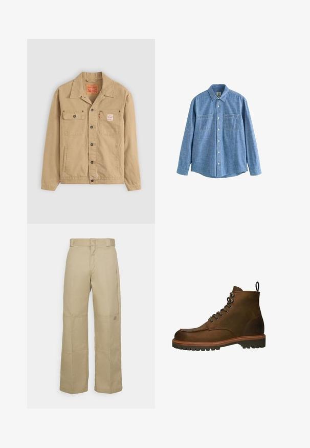 Levi's® Workwear SUNRISE TRUCKER - Let jakke / Sommerjakker - tiger's eye; Langærmet blå chambray-skjorte med knaplukning foran og to brystlommer, lagt fladt på en hvid baggrund.; Beige brede benbukser lavet af robust stof, med høj talje, synlig syning og et lille logo-patch på siden.; Brune læder ankelstøvler med rundt tå, metal øjer og en robust gummisål. Indeholder en trækflap for nem påtagning.
