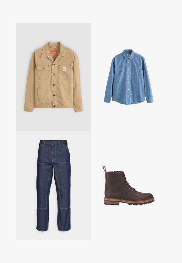Levi's® Workwear SUNRISE TRUCKER - Lichte jas - tiger's eye; Blauw chambray overhemd met lange mouwen, knoopsluiting aan de voorkant en twee borstzakken, plat gelegd op een witte achtergrond.; Donkerblauwe denim jeans met een hoge taille, rechte pijpen, contrasterende stiksels en opgestikte zakken aan de voorkant.; Bruine leren veterschoenen tot boven de enkel met een gestructureerde afwerking, contrasterende beige zolen en metalen veteroogjes. Voorzien van een trekkoordje voor gemakkelijk aan- en uittrekken.