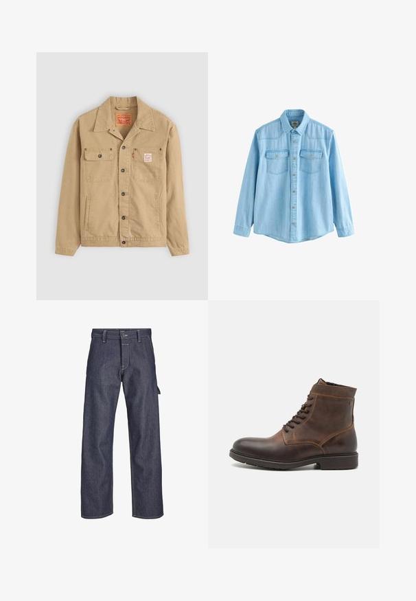 Levi's® Workwear SUNRISE TRUCKER - Lichte jas - tiger's eye; Lichtblauw denim hemd met lange mouwen, knoopsluiting aan de voorkant en twee borstzakken met kleppen en knopen.; Donkere blauwe denimbroek met een rechte pasvorm, vooraan met knoopsluiting, contrasterende stiksels en een zijzakdetail.; Jack & Jones JFWDELANEY BOOT - Veterboots - cognac
