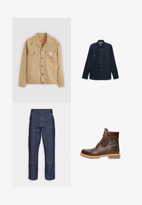 Levi's® Workwear SUNRISE TRUCKER - Leichte Jacke - tiger's eye; Dunkelblaues Jeanshemd mit langen Ärmeln, Knopfleiste, zwei aufgesetzten Brusttaschen mit Knöpfen und klassischem Kragen.; Dunkelblaue Jeans aus Denim mit hoher Taille, geradem Bein-Design, kontrastierenden Nähten und aufgesetzten Taschen auf der Vorderseite.; Braune Leder-Ankelstiefel mit runder Zehenpartie, robuster Sohle, goldfarbener Hardware und strukturiertem Obermaterial. Enthält ein angehängtes Logo-Tag.