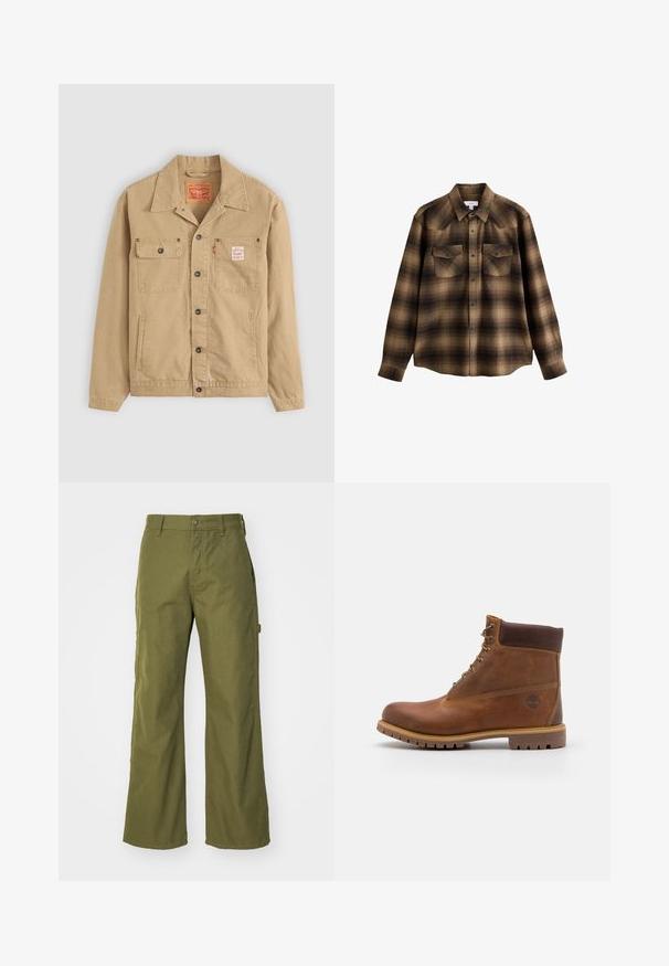 Levi's® Workwear SUNRISE TRUCKER - Lichte jas - tiger's eye; Bruin en zwart geruit overhemd met lange mouwen, kraag, drukknopen aan de voorkant en twee borstflapzakken met knopen.; Olijfgroene wijde broek van duurzaam materiaal, met een knoopsluiting, zijzakken en een rechte zoom.; Bruine leren wandelschoen met een gladde afwerking, gevoerde enkel, metalen oogjes en een rubberen zool met een robuust profiel.