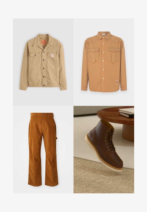 Levi's® Workwear SUNRISE TRUCKER - Letná bunda - tiger's eye; Hnedá denimová košeľa s dvoma náprsnými vreckami, špicatým golierom, zapínaním na gombíky vpredu a kontrastným prešitím. Má logo nášivku a detail s pútkom.; Hnedé kordové nohavice s rozšírenými nohavicami, s bočnými vreckami a predným zapínaním na gombík. Tkanina je mäkká a ribbovaná.; Hnedé kožené členkové čižmy s béžovou podrážkou na textúrovanom béžovom koberci vedľa okrúhleho dreveného stola so stohom kníh.