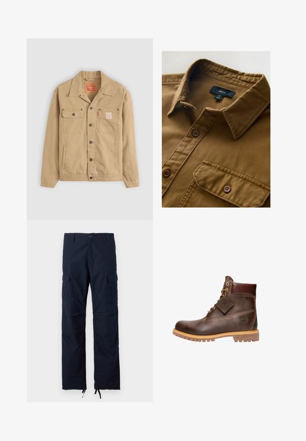 Levi's® Workwear SUNRISE TRUCKER - Letná bunda - tiger's eye; Hnedá košeľa na gombo vyrobená z textúrovanej látky, s golierom, prednou vreckom a dvoma hnedými gombíkmi. Značka viditeľná vo vnútri goliera.; Námornícke cargo nohavice s gombíkovým zapínaním, pútkami na opasok, bočnými kapsami s chlopňou a nastaviteľnými šnúrkami na členkových lemoch.; Hnedé kožené členkové čižmy s okrúhlou špičkou, robustnou podrážkou, zlatým kovovým doplnkom a štruktúrovaným zvrškom. Obsahujú priliepený štítok s logom.