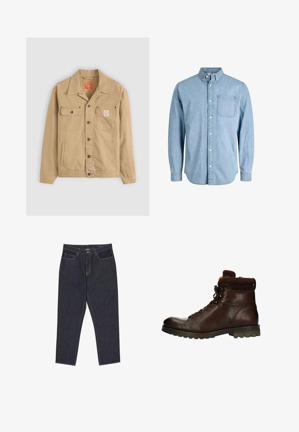 Levi's® Workwear SUNRISE TRUCKER - Lichte jas - tiger's eye; Lichtblauw denim overhemd met knopen, lange mouwen, een kraag, een borstzakje en een subtiele textuur. Voorzien van witte knopen langs het knoopsluiting.; Donkerblauwe spijkerbroek met rechte pijpen, voorzakken, riemlussen en zichtbare stiksels op een witte achtergrond.; Manfield MIT HOHEM SCHAFT - Veterboots - brown