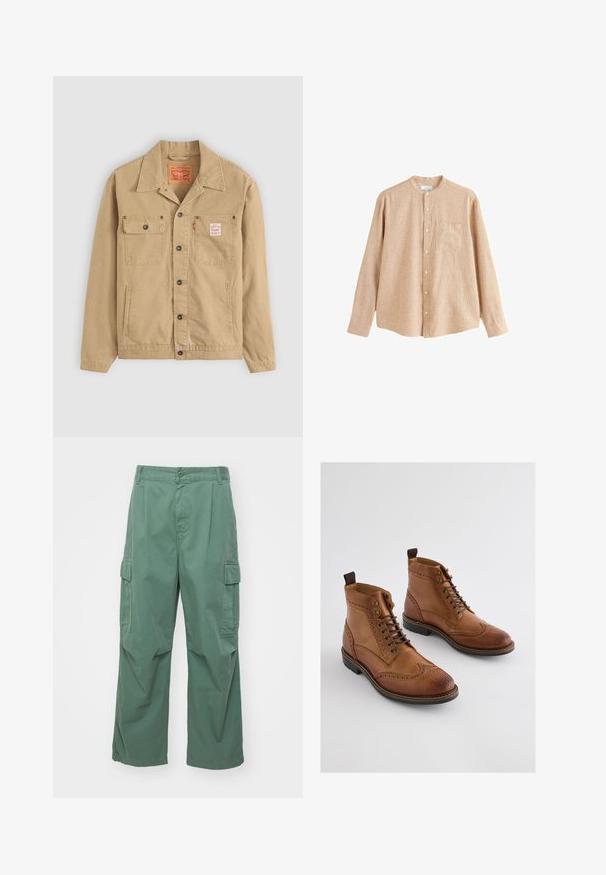 Levi's® Workwear SUNRISE TRUCKER - Kevyt takki - tiger's eye; Beige pitkähihaisen kauluspaita, jossa mandariinikaulus ja rintatasku, teksturoidusta kankaasta, aseteltu tasaiseksi valkoisen taustan päälle.; Vihreät cargo-housut, jotka on valmistettu puuvillasta, tuovat mukanaan väljät ja leveät lahkeet sekä sivutaskut. Kankaan pinta on sileä ilman kuvioita.; Ruskeat nahkaiset nilkkurit, joissa on brogue-yksityiskohdat, nauhallinen kiinnitys, metalliset reiät ja kontrastivärinen musta kumipohja.