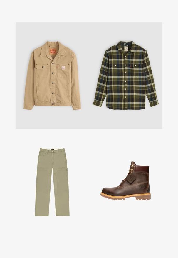 Levi's® Workwear SUNRISE TRUCKER - Lichte jas - tiger's eye; Groene geruite flanellen overhemd met lange mouwen, voorzien van twee borstzakken en witte knopen. Materiaal heeft een zachte textuur en een casual ontwerp.; Khaki wijde broekspijpen van stevig stof, met grote opgestikte zakken en contrasterende stikseldetails. Knopen sluiting in de taille.; Bruine leren enkelboot met een ronde neus, stevige zool, hardware in goudkleur en een gestructureerde bovenkant. Inclusief een merklabel dat is bevestigd.