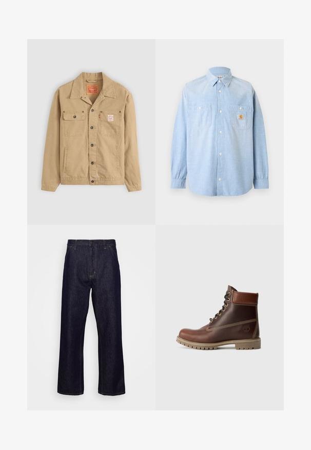 Levi's® Workwear SUNRISE TRUCKER - Leichte Jacke - tiger's eye; Hellblaues langärmeliges Hemd zum Knöpfen mit zwei vorderen Taschen, eine davon mit Carhartt-Logo-Patch und dezenten weißen Farbspritzern.; Dunkelblaue gerade geschnittene Jeans aus Denim mit vorderen Taschen, Gürtelschlaufen, Reißverschluss und Knopfverschluss, präsentiert vor einem schlichten weißen Hintergrund.; Braune Leder-Schnürstiefelette mit gepolsterter Knöchelpartie, kontrastierenden Nähten und robustem Sohlendesign, von der Außenseite auf einem weißen Hintergrund gezeigt.