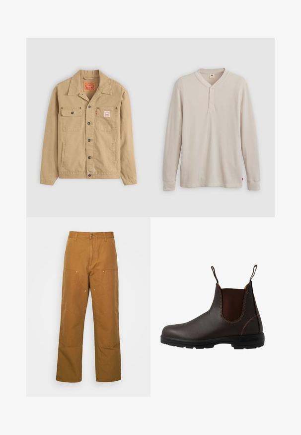 Levi's® Workwear SUNRISE TRUCKER - Leichte Jacke - tiger's eye; Langärmliges Henley-Shirt aus leicht beigem Rippstoff mit V-Ausschnitt, Knopfleiste mit drei Knöpfen und angeschnittenen Ärmeln. Roter Logo-Tag am Saum.; Braune Baumwoll-Arbeitshosen mit geradem Bein, die über Vordertaschen und Metallakzente für zusätzliche Strapazierfähigkeit verfügen.; Brauner Chelsea-Stiefel aus Leder mit elastischem Seiteneinsatz, brauner Naht, Zuglaschen und einer strapazierfähigen Gummisohle mit strukturiertem Muster.