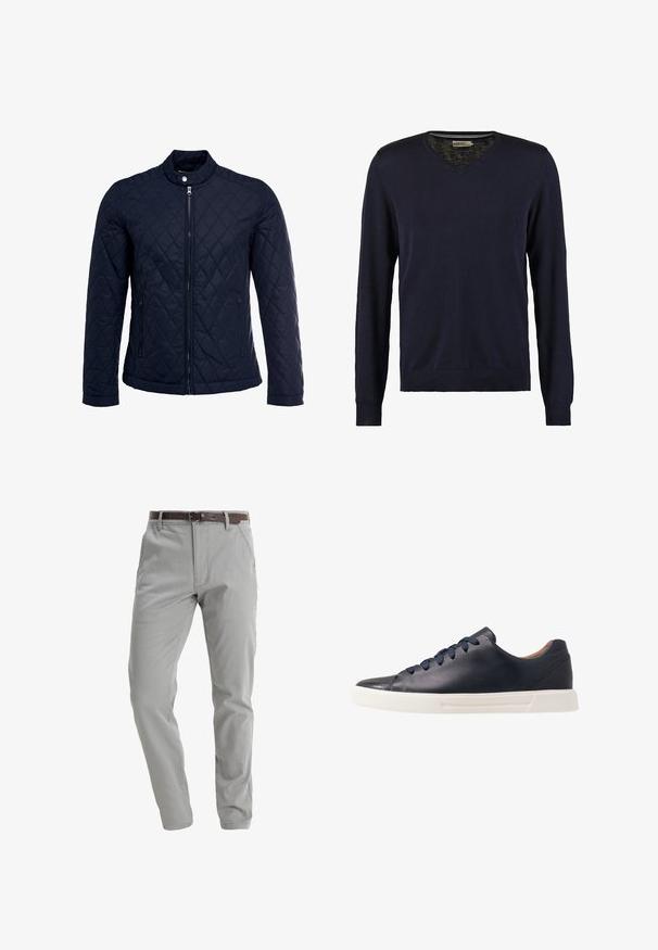 Veste matelassée bleu marine avec col montant, fermeture éclair sur le devant et deux poches latérales. Le matériau a une texture lisse avec des motifs en losange.; Pull en v bleu marine à manches longues, fabriqué en maille douce, avec des poignets et un ourlet côtelés, une texture lisse et sans motifs visibles.; Pantalons gris clair en tissu doux, avec une coupe droite, des poches avant et une ceinture en cuir marron pour le maintien.; Baskets en cuir bleu marine avec une finition lisse, semelle en caoutchouc blanc plat, bout arrondi et six lacets bleu marine passés à travers des œillets ronds.