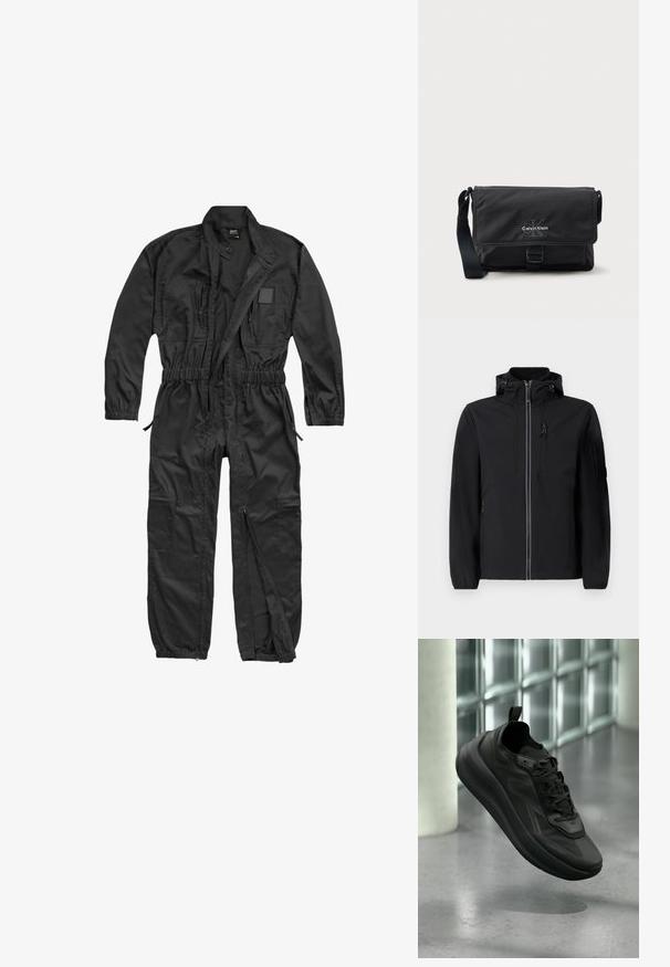Μαύρο μπουφάν softshell με ψηλό γιακά, μπροστινό φερμουάρ, δύο πλαινά τσέπες και μία τσέπη στο στήθος. Διαθέτει ρυθμιζόμενη κουκούλα και ελαστικές μανσέτες.; Brandit BRANDIT HERREN EINSATZKOMBI - Ολόσωμη φόρμα - black; Μαύρο αθλητικό παπούτσι Calvin Klein με κορδόνια, ανυψωμένο πάνω από γυαλισμένο τσιμεντένιο πάτωμα, γυάλινο τούβλο στον τοίχο και κολόνα σε θολό φόντο.; Μαύρη τσάντα ταχυδρόμου από ανθεκτικό ύφασμα, με καπάκι κλεισίματος, εμπρόσθια πόρπη και λογότυπο Calvin Klein σε ασημί. Περιλαμβάνεται ρυθμιζόμενο ιμάντα.