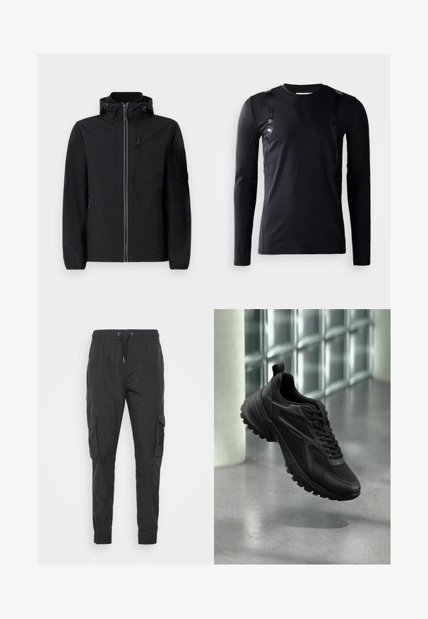 Veste softshell noire avec un col montant, fermeture éclair à l'avant, deux poches latérales et une poche poitrine. Équipée d'une capuche ajustable et de poignets élastiques.; T-shirt de sport à manches longues noir en tissu lisse et extensible. Présente des accents noirs brillants sur les épaules et un logo Adidas sur la poitrine.; Pantalons cargo noirs en tissu léger, dotés d'une taille à cordons de serrage ajustable, de poignets élastiques et de deux poches latérales.; Baskets de sport noires avec semelle texturée et lacets, flottant au-dessus d'un sol gris avec un mur en blocs de verre en arrière-plan.